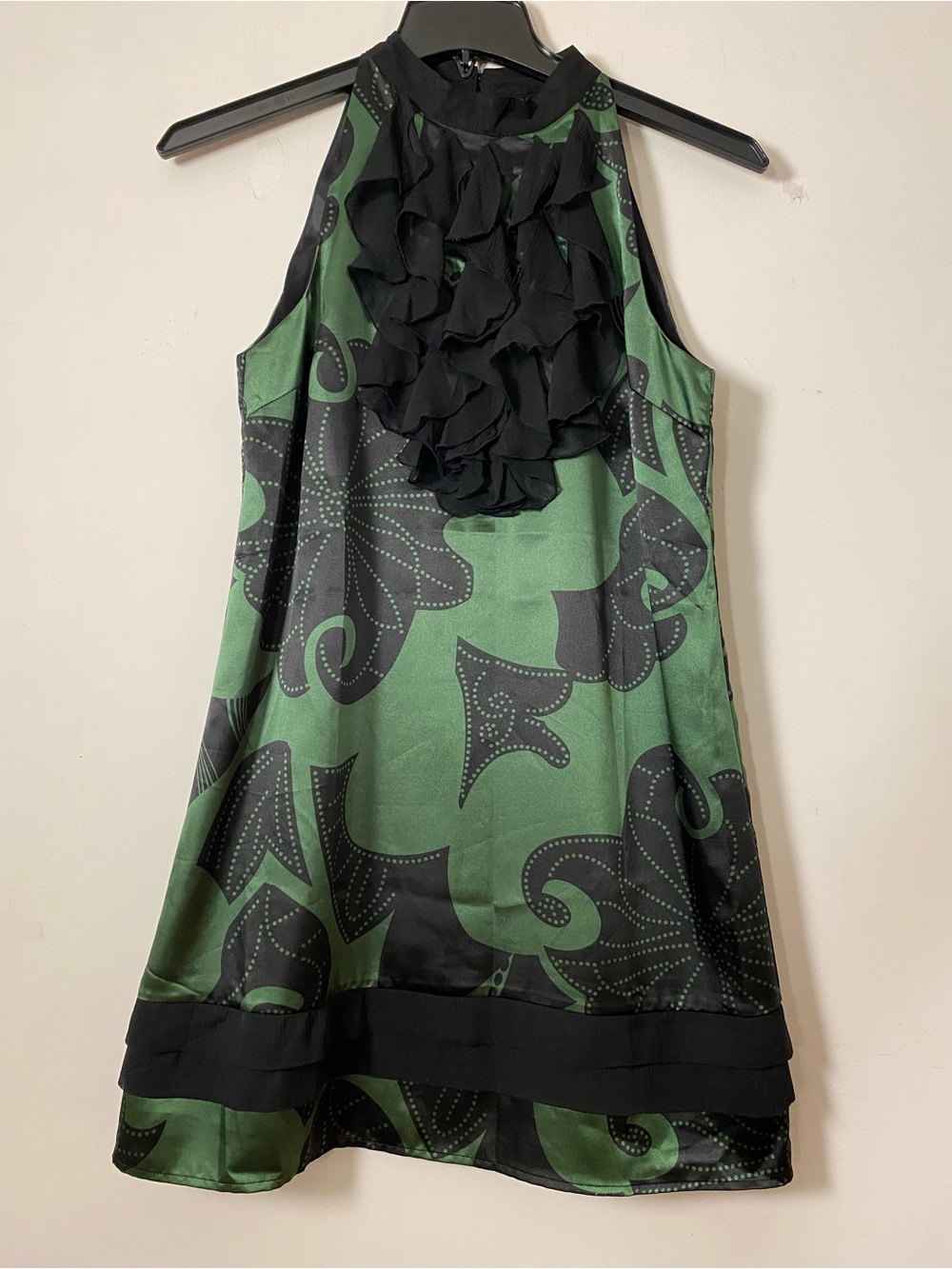 Green and Black Ruffle-Front Mini Dress